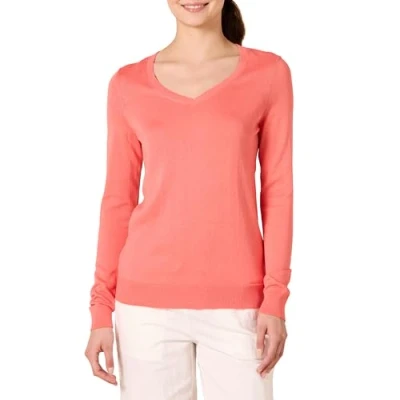 Image of Amazon Essentials Women&#039;s Classic Fit Lightweight Long Sleeve V Neck Jumper (Available in Plus Size), Coral Pink, XXL