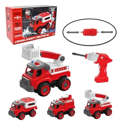 Image of Lexibook RCP25 Crosslander Fireman RC, Radio Controlled fire Truck to Assemble, 3 Possible constructions, 33 Parts, Electric and Manual Screwdrivers Included, Red