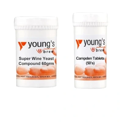 Image of Young&#039;s Home Brewers Wine Yeast Compound &amp; Campden Tablets 2 Pack with Serving Spoon Suitable for Homemade Making and Brewing 60g Compound, 50pk 1/2 TSP (2.5ml)