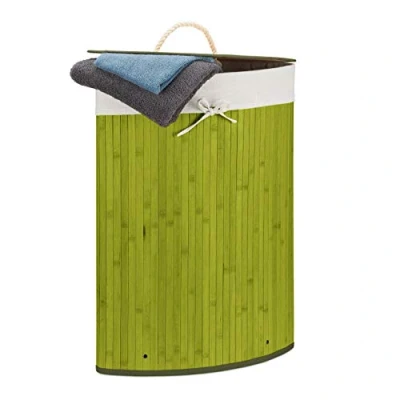 Image of Relaxdays Bamboo Corner Basket, 65 x 49.5 37 cm, 64L, Folding Hamper with Laundry Sack, Green