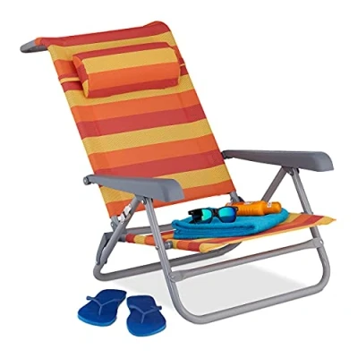 Image of Relaxdays reclining beach chair, sun lounger, headrest, adjustable, folding, armrest &amp; bottle opener, yellow/red/orange, Steel, 1 item