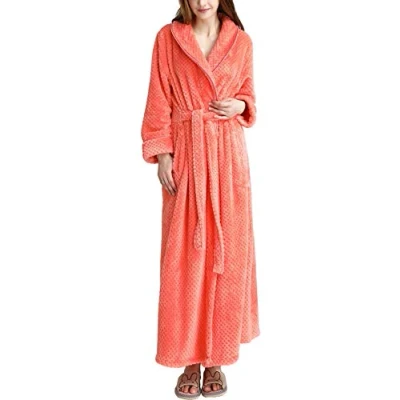 Image of Kinloy Women Winter Fleece Dressing Gown Fluffy Bathrobe Full Long Flannel Robe Soft Pure Colour Housecoat Bath Wrap Orange M 8 10 UK