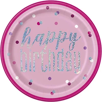 Image of Unique Birthday Round Paper Plates 9&quot; Disposable Glittery Pink 8 Pcs.
