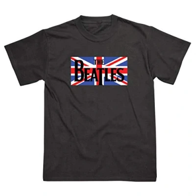 Image of Spike Leisurewear Officially Licensed The Beatles 100% Cotton Black T Shirt Printed with Classic Union Jack Design on Front. Available in Sizes Small, Medium, Large, XL and XXL (XXL)