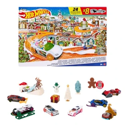 Image of Hot Wheels Advent Calendar, 8 Cars and 16 Winter Themed Accessories behind 24 Numbered Doors Plus a Playmat, For Kids &amp; Fans, HKL74
