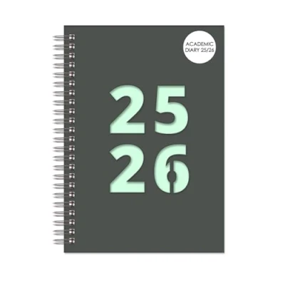 Image of A5 Academic Diary 2025 2026 Week to View Durable Spiral Bound Planner with Grey Plastic Cover &amp; Mint Green Inlay Student Teacher Organiser Size