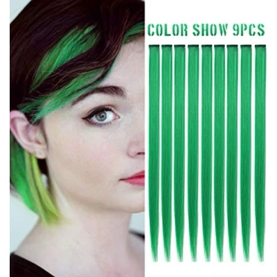 Image of IAMERUI Multicolors Party Highlights Straight Hair Colorful Clip in Synthetic Extensions Multiple Colors Heat Resistant Long Hairpiece 9 Pieces (Green)