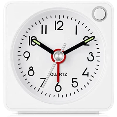 Image of Jisile Travel Alarm Clock, Back to School Supplies, Ultra Small Clock with Snooze and Light Function, Super Silent Non Ticking, Battery Operated, Increasing Volume for Heavy Sleeper (White)