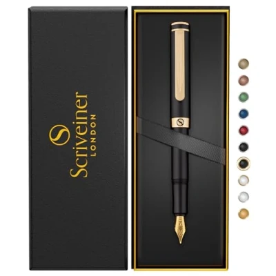 Image of Scriveiner Luxury EDC Fountain Pen (Medium), Stunning Black Pocket Pen, 24K Gold Finish, Schmidt 18K Gilded Nib, Converter, Best Writing Gift Set for Men &amp; Women, Nice Fancy Office Designer