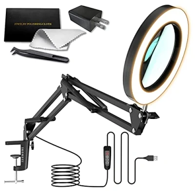 Image of Magnifying Lamp,5X Glass with Light and Stand,3 Colors,10 Brightness Dimmable Magnifier Desk Lamp,Adjustable Swivel Metal Arm Craft by IGOKOTI(Include plug)