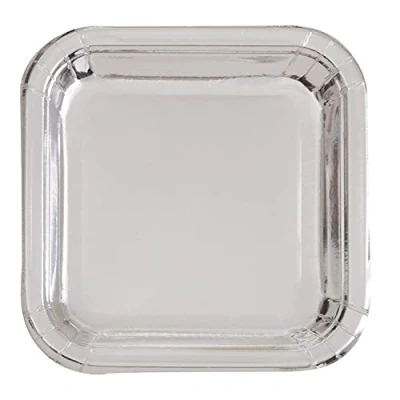 Image of Silver Foil Square Paper Dinner Plates (22cm) Pack of 8 Premium Quality Tableware, Elegant Board for Entertaining &amp; Parties