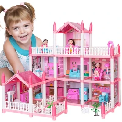 Image of EVERGD Kid Doll House, 3 story Pink Grand 9 Rooms Castle Dolls Dream House Playset with 3Doll Furniture Accessories Mansion Playhouse Toy Xmas