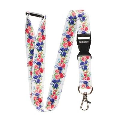 Image of Rolseley Lanyard Neck Strap with Pattern for id Badge Holder Metal Clip (White Flowers)