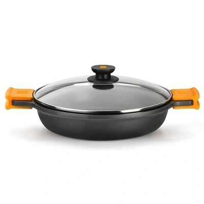 Image of Bra Efficient Cast Aluminium Low Casserole Dish with Lid Black &amp; Orange (7L). Shallow Small Lid. Pan and Silicone Handle Grips.
