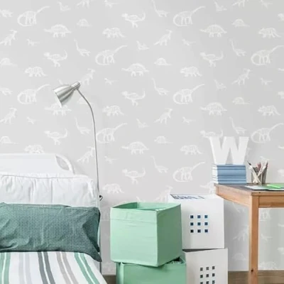 Image of SOPHIE LAURENCE Over The Rainbow Grey Dino Dictionary Wallpaper 10.05m Roll, Animal Print, Washable, Wet Removable, Matte Finish Easy Paste Paper Application