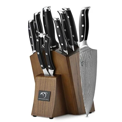 Image of NANFANG BROTHERS 9 Pieces Kitchen Knife Set Sharpening for Chef&#039;s with Block, Damascus Professional Steel Sharpener and Scissors