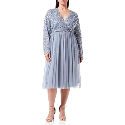 Image of Maya Deluxe Women&#039;s Ladies Wedding Guest Midi Dress Long Sleeve Plunging Neckline V Neck Sequin Embellished Graduation Bridesmaid, Dusty Blue, 26