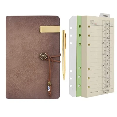 Image of WONDERPOOL A6 Leather Diary Lined Paper Notebook &amp; Pen Refillable 6 Ring Binder Writing Spiral journal for Office Travel Work and Plan Agenda (a Maroonpink, A6)