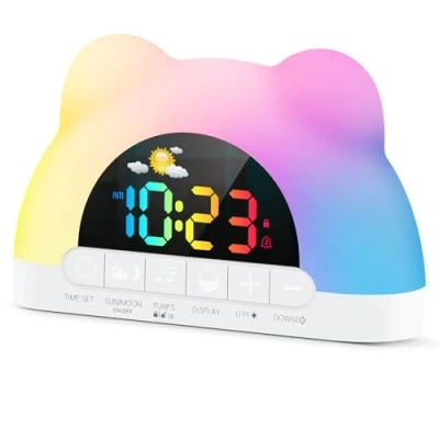 Image of Kids Alarm Clock, Toddler Sleep Training Digital Clock with Sun &amp; Moon, 11 RGB Color Night Lights OK to Wake for Girls Boys Teenagers,Sleeping Reminder,Child lock,Dual Alarms,Snooze
