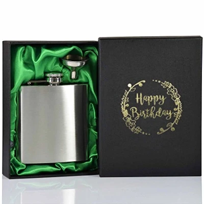Image of Personalised Engraved Birthday Hip Flask 6oz Gift Box &amp; Funnel Happy Lid Green Lining