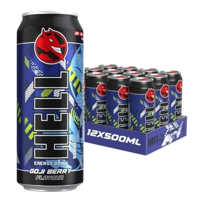 Image of HELL Energy Drink Goji Berry Flavour 12 x 500ml Cans Multipack 32mg/100ml Caffeine Contains Vitamins B2 B3 B5 B6 B12 Preservative Free Vegan Reduce Fatigue