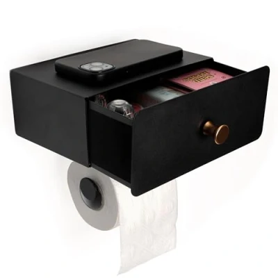 Image of Belle Vous Toilet Paper Holder with Shelf &amp; Drawer Wall Mounted Stainless Steel Roll for Bathroom Decoration Storage/Display