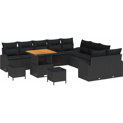 Image of vidaXL 13 Piece Garden Sofa Set with Cushions Black Poly Rattan Acacia