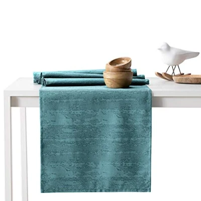 Image of AmeliaHome Table Runner 30 x 80 cm Lotus Effect Water Repellent Snake Skin Pattern Petrol Vesta
