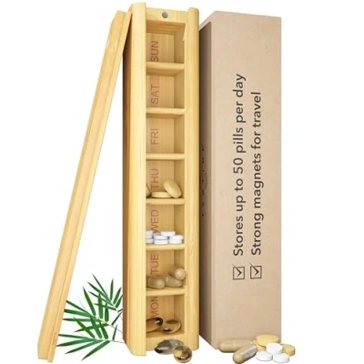 Image of TabTime Bamboo Weekly Pill Box, 7 Day Organiser, Perfect for Vitamins, Pills and Supplements