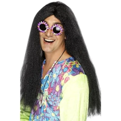 Image of Smiffys Hippy Wig, Black Long with Centre Parting, 1960&#039;s Groovy Fancy Dress, Adult Dress Up Wigs