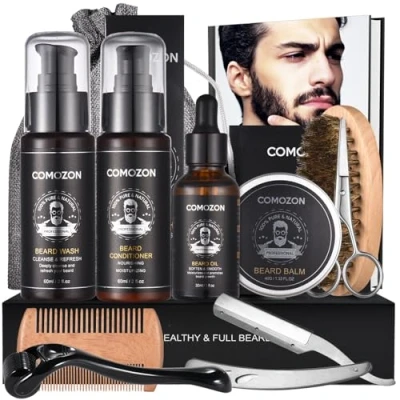 Image of Beard Grooming Kit for Men, 12 in 1 Growth with Roller, Care Oil, Shampoo, Conditioner, Brush, Balm, Comb, Scissors, Gifts Him