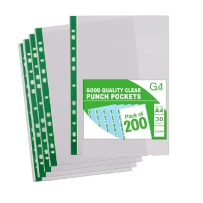 Image of 200 A4 Plastic Value Punched Punch Pockets 10 15 Sheets 30 Micron for Folders Filing Wallets Sleeves