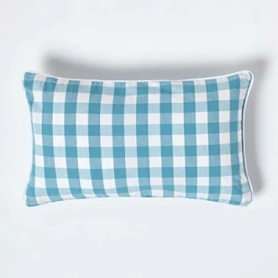 Image of HOMESCAPES Blue and White Gingham Cushion Cover 30 x 50 cm (12 20) Block Check Pattern 100% Cotton Decorative Rectangular
