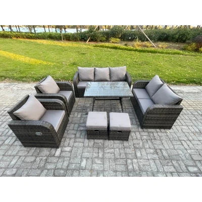 Image of Outdoor Rattan Garden Furniture Set 9 Seater Patio Lounge Sofa with Dining Table 2 Small Footstools Dark Grey Mixed Fimous