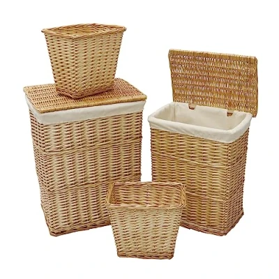 Image of JVL Hand Woven Acacia Set of 2 Rectangular Laundry Willow Baskets with Waste Paper Baskets, Honey Finish