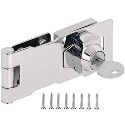 Image of Door Lock Hasp with Key, Bolt Latch Buckle Padlock and Key Chrome Plated Hardware for Locking Shed Doors Garage Cabinets Boxes Furniture etc (4 Inch)