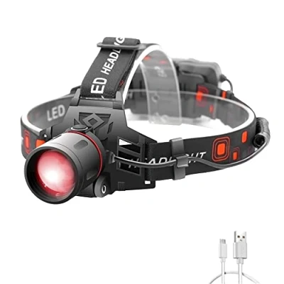Image of WESLITE 2 in 1 Head Torch with Red and White Light, Hunting Headlamp Light USB Rechargeable Filter Zoomable fo Night Vision, Astronomy, Stargazing, Sailing (Red+White LED)