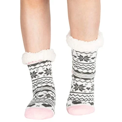 Image of Polar Womens Slipper Socks Soft Fleece Lined With Sole Grips Gift Packaging Snuggly Present For Her Insulated Warm Fluffy Sherpa Lining Thermal Hearts Pink UK 5/6