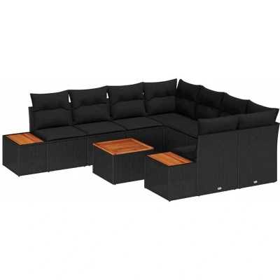 Image of vidaXL 9 Piece Garden Sofa Set with Cushions Black Poly Rattan Acacia