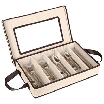 Image of Flatware Storage Case Tableware Utensil Chest Durable 5 Compartment Silverware Container with Removable Lid and Easy to Carry Handles Large Capacity Keeps Your Cutlery Organized Protected
