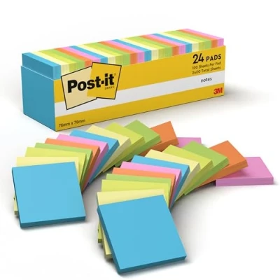 Image of Post it Notes, Assorted Colours, 24 Pads, 100 Sheets per Pad, 76 mm x Self Stick Notes for Note Taking, to Do Lists &amp; Reminders, School and Office Supplies
