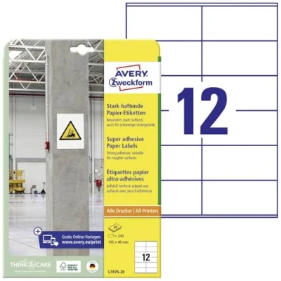 Image of Avery Zweckform L7875 Adhesive Labels 105 x 48 mm, 20 Sheets/240 Labels/White