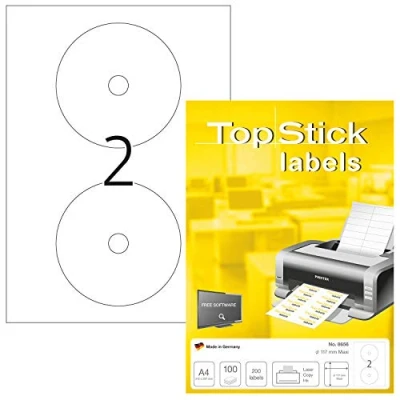 Image of TopStick Self Adhesive Full Face CD Labels, 2 Labels per A4 Sheet, 1000 Sheets, Ø 117 mm, 2000 Blank Opaque DVD Stickers, Sticky for Laser &amp; Inkjet Printer, White