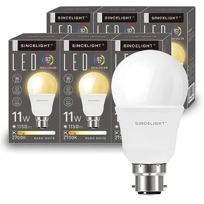 Image of SINCELIGHT B22 LED Light Bulbs 11W,1150 Lumens (100W Incandescant Equivalent) Warm White 2700K, Bayonet Cap BC, GLS Energy Saving Lightbulbs, Pack of 6