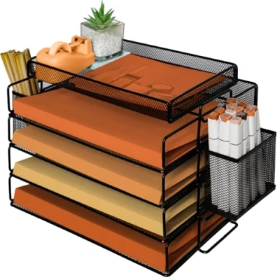 Image of PLSOPPKG Wire Mesh in Trays for Desk, 5 Tier Metal Letter Tray Desk Organisers, Stackable Office Tidy File Holder With Top Stationery Holder, Organiser Office, School and Home