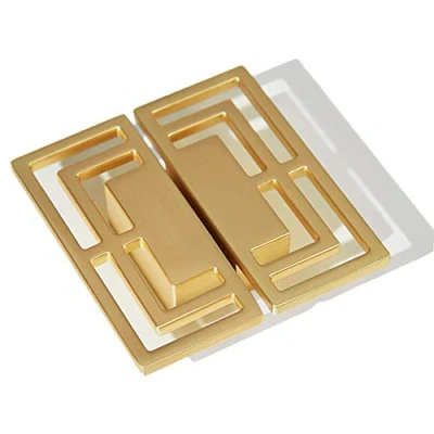 Image of 6Pcs of Gold Brushed Drawer Handles Pulls, Closet TV Cabinet, Stylish Golden Copper Modern Chinese Auspicious Patterns Double Hole 32mm Handle