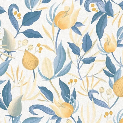 Image of Flowers wallcovering wall Profhome 790626 hot embossed non woven wallpaper slightly textured with floral ornaments matt cream blue pastel yellow gold