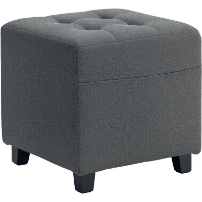 Image of HOMCOM Square Footstool, Small Ottoman with Side Pocket, Linen Fabric Footrest Foot Stool Rubber Wood Legs and Padded Seat for Living Room, Bedroom, Entryway, 35 x 35cm, Grey