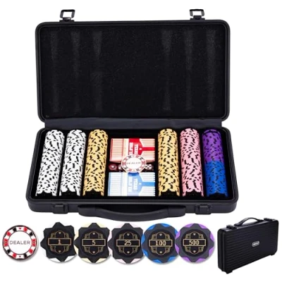 Image of Engelhart 320951 Poker Set Black Metal Case 300 14g Numbered Chips (1 to 500) + 2 Card Games, 1 Dealer Button, 5 Dice