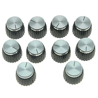 Image of KAISH 10pcs Guitar AMP Amplifier Push on fit Knobs Black with Silver Aluminum Cap Top for Marshall Amplifiers 6mm diameter Pots